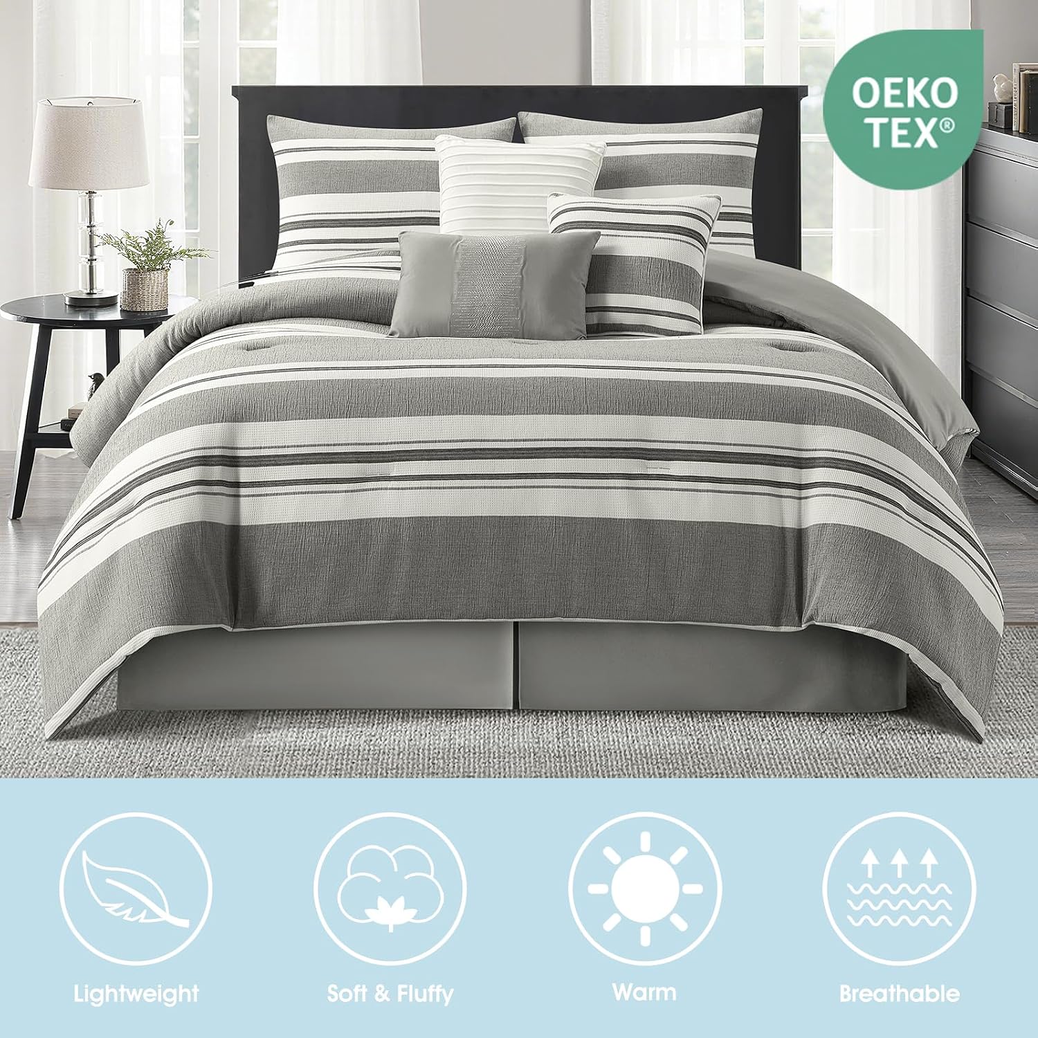 LANCO MODERN LIFESTYLE 7 Piece California King Comforter Set, White Grey, Striped Jacquard Design, Soft and Cozy for All Seasons, Bed in a Bag with Comforter, Pillow Shams, Decor Pillows and Bedskirt