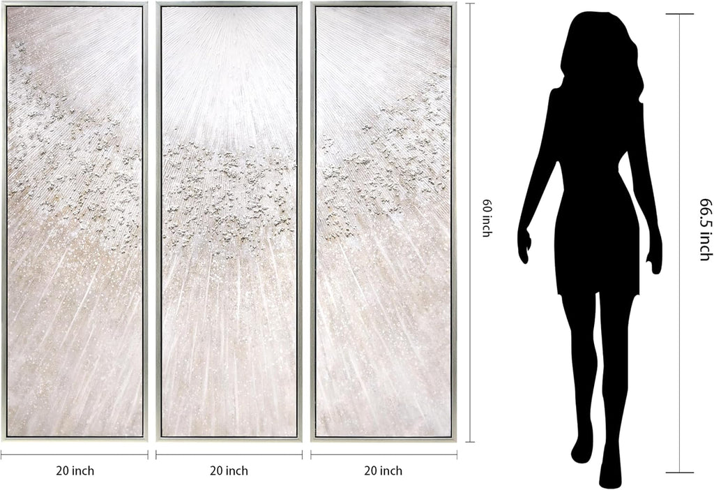 Empire Art Direct Silver Radiant Trio Textured Glitter Hand Painted Framed Canvas Wall Art with Silver Leaf, Ready to Hang, Living Room, Bedroom & Office, 20'x60'x1.5' each