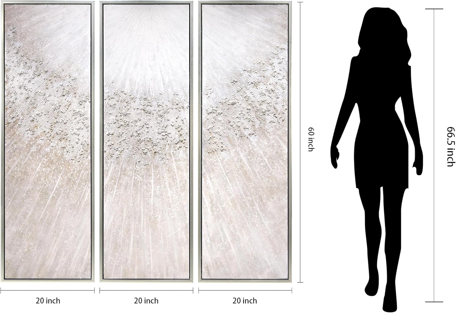 Empire Art Direct Silver Radiant Trio Textured Glitter Hand Painted Framed Canvas Wall Art with Silver Leaf, Ready to Hang, Living Room, Bedroom & Office, 20'x60'x1.5' each