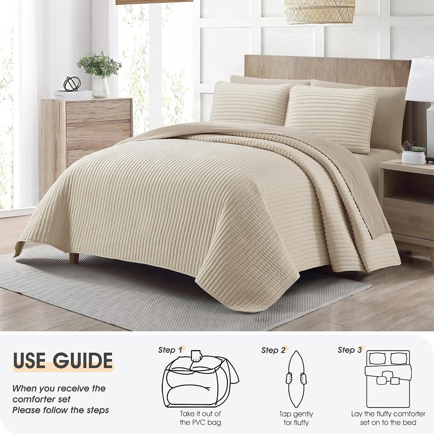 LANCO MODERN LIFESTYLE 7 Piece King Quilt Set, Beige, Microfiber Solid Striped Bedding Set, Soft and Luxury Bed in a Bag, Includes Quilt, Pillow Shams, Flat Sheet, Fitted Sheet, and Pillowcases