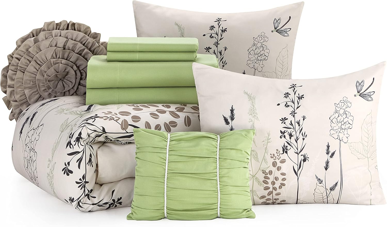 Stratford Park Green/White Bed Sets Queen with Comforter, 10 Piece, Microfiber Print All Season Premium Bedding Set,1 Flat Sheet,1 Fitted Sheet