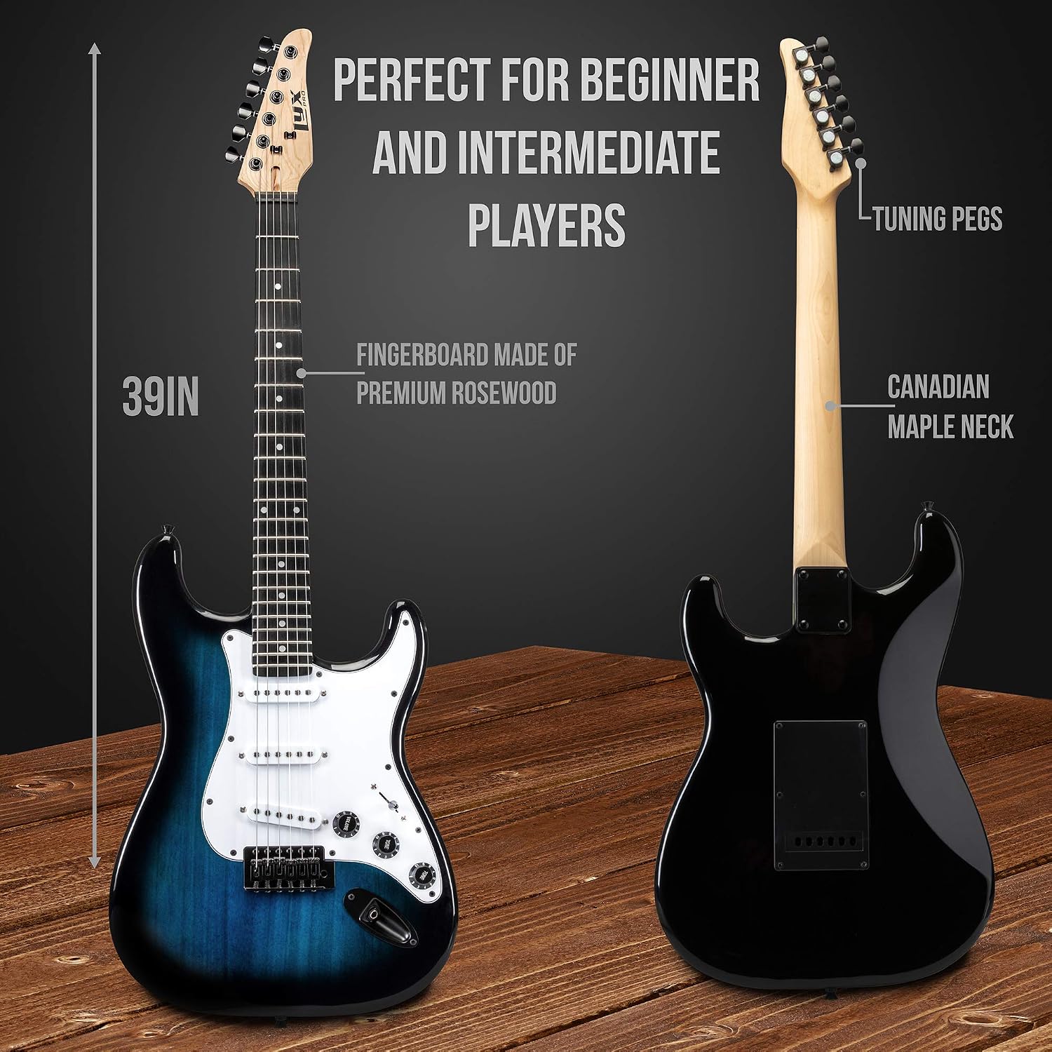 LyxPro 39 inch Electric Guitar Kit Bundle with 20w Amplifier, All Accessories, Digital Clip On Tuner, Six Strings, Two Picks, Tremolo Bar, Shoulder Strap, Case Bag Starter kit Full Size - Blue
