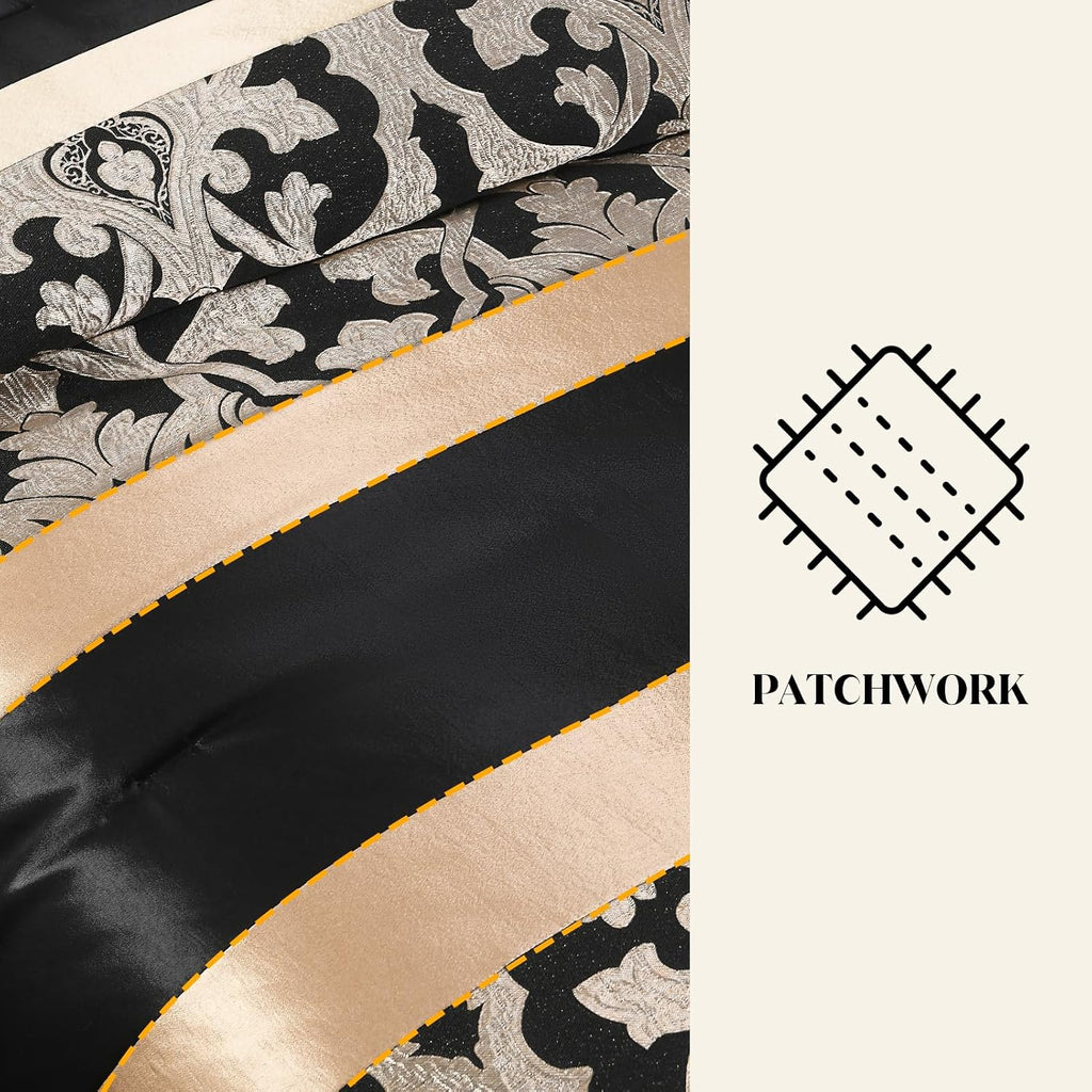 CozyDH Black Gold Jacquard Comforter Set California King - 7 Piece Luxury Bed in a Bag Vintage Damask Patchwork, All Season Down Alternative Bedding with Bed Skirt, Shams, Decor Pillows, 104x96 in