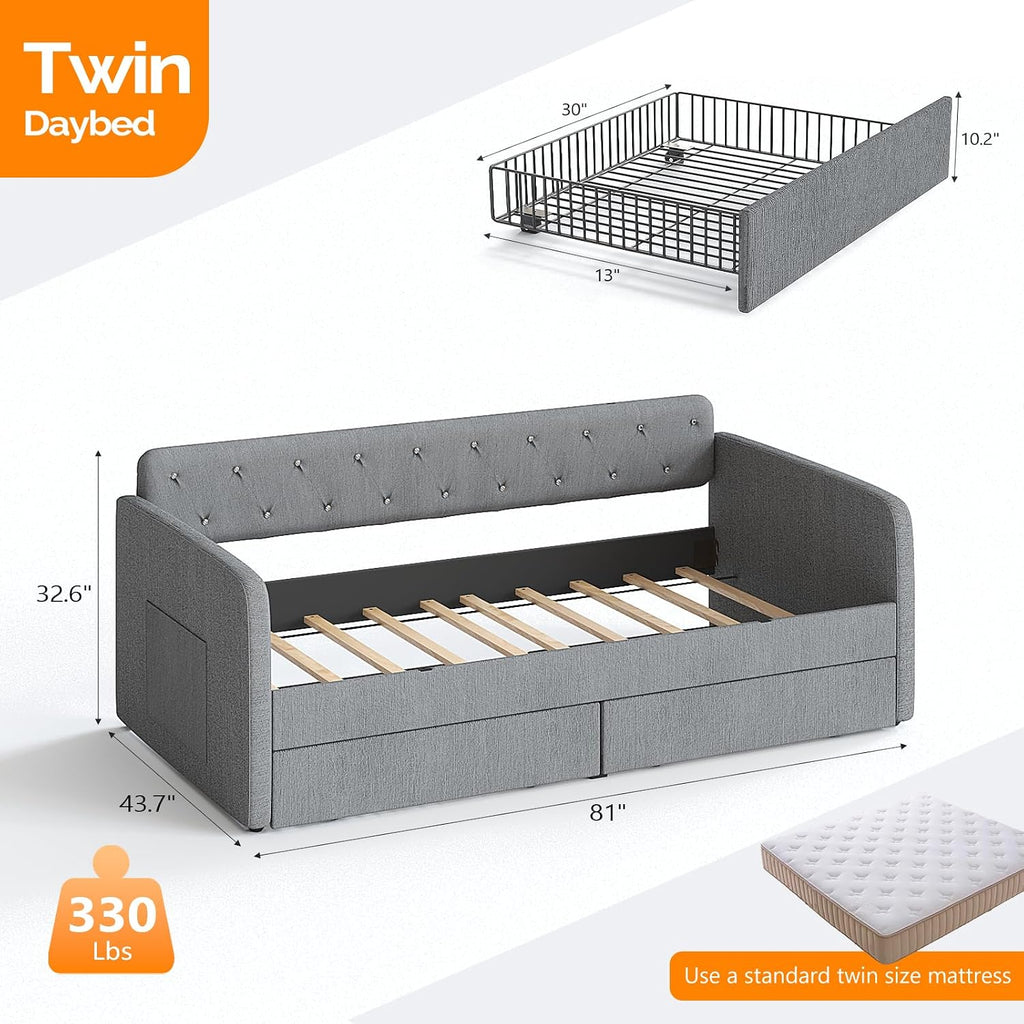 VINGLI Twin Size Daybed with 2 Storage Drawers and Pockets, Chenille Fabric with Diamond Buttons, Upholstered Comfy Sleeper Couch Sofa Bed for Living Room, Movie Room, Bedroom, Gray