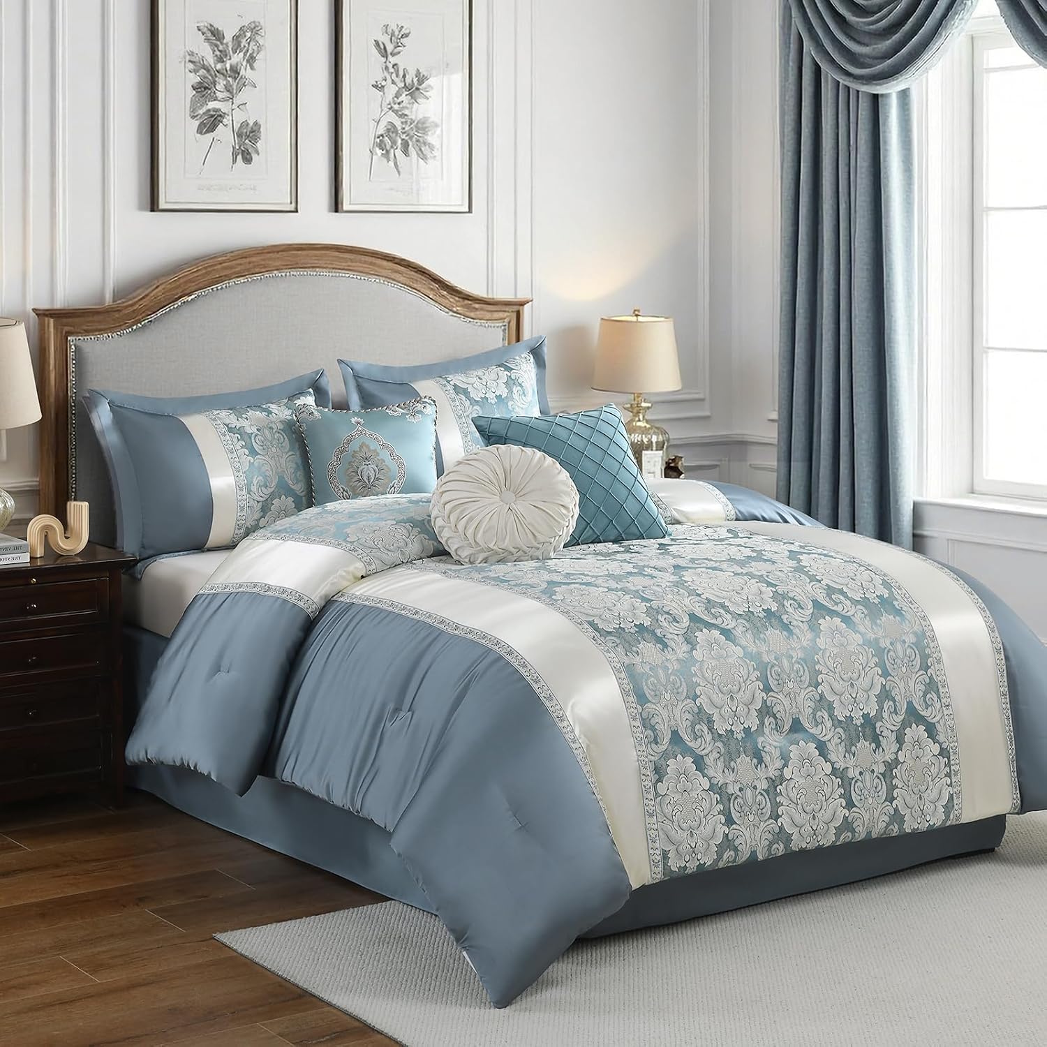 SahSahCasa 7-Piece Luxury Queen Comforter Set, Bed in a Bag Queen, Jacquard Silky Fluffy Comforter Bedding Set with Bedskirt, Decorative Pillows, Elegant Reversible, Down-Alternative, Dusty Blue
