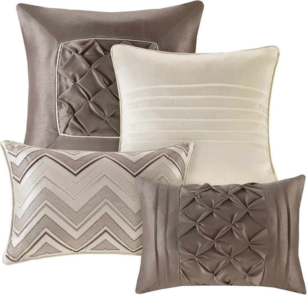 Madison Park Essentials Room in a Bag Faux Silk Comforter Set - Luxe Diamond Tufting All Season Bedding, Matching Curtains, Decorative Pillows, Ivory Cal King(104'x92') 24 Piece