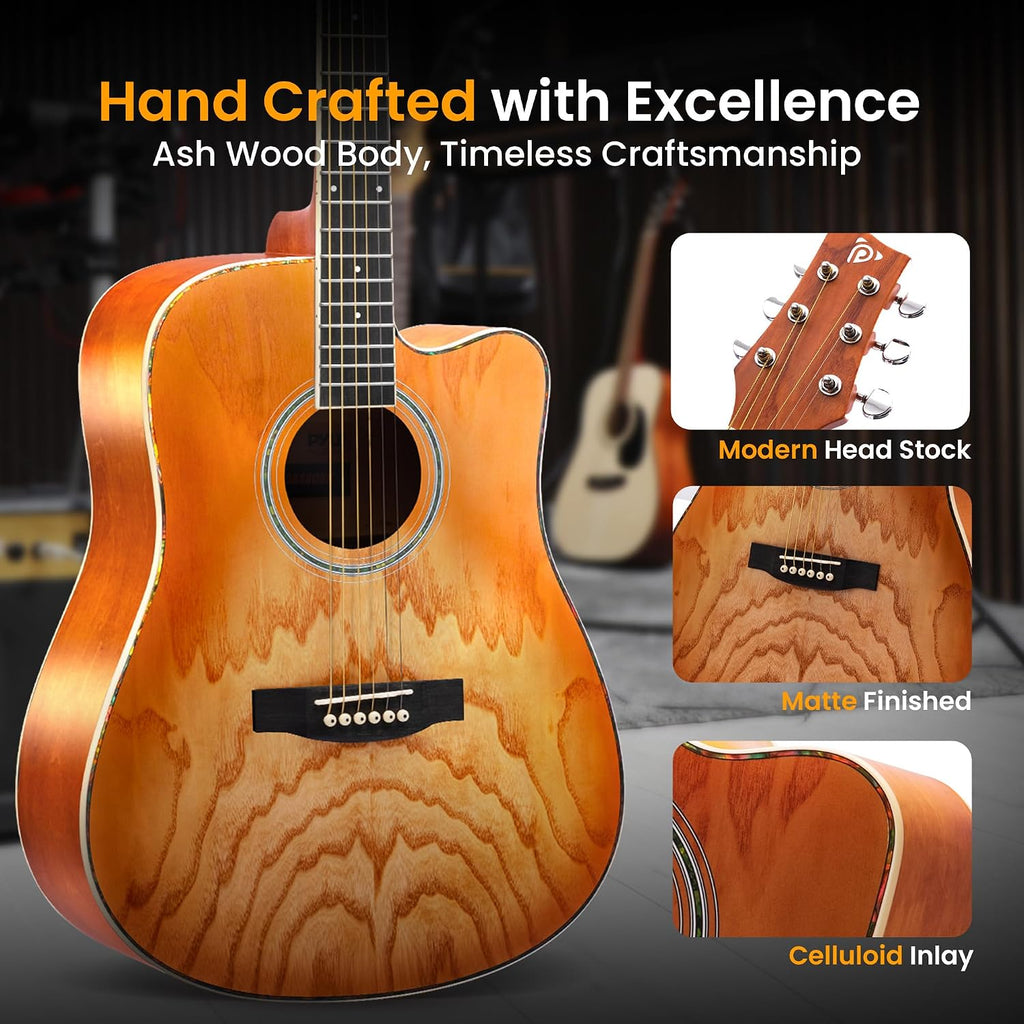 Pyle Steel String Acoustic Guitar Kit, 41' Full Size Cutaway with Ashtree Top, Open Pore Finish, Premium Accessory Set with Armored Gig Bag, Cherry Burst Matte