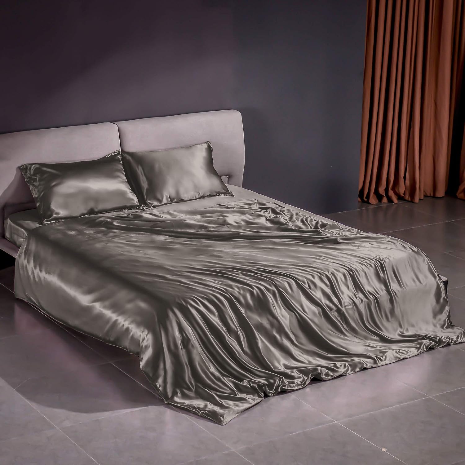 THXSILK 100% Silk Sheet Set, 22 Momme 7A+ Silk 4 Pieces Sheet Set, Soft Breathable, Luxury Bedding (1 Duvet Cover, 1 Fitted Sheet, 2 Pillow Shams), King, Charcoal