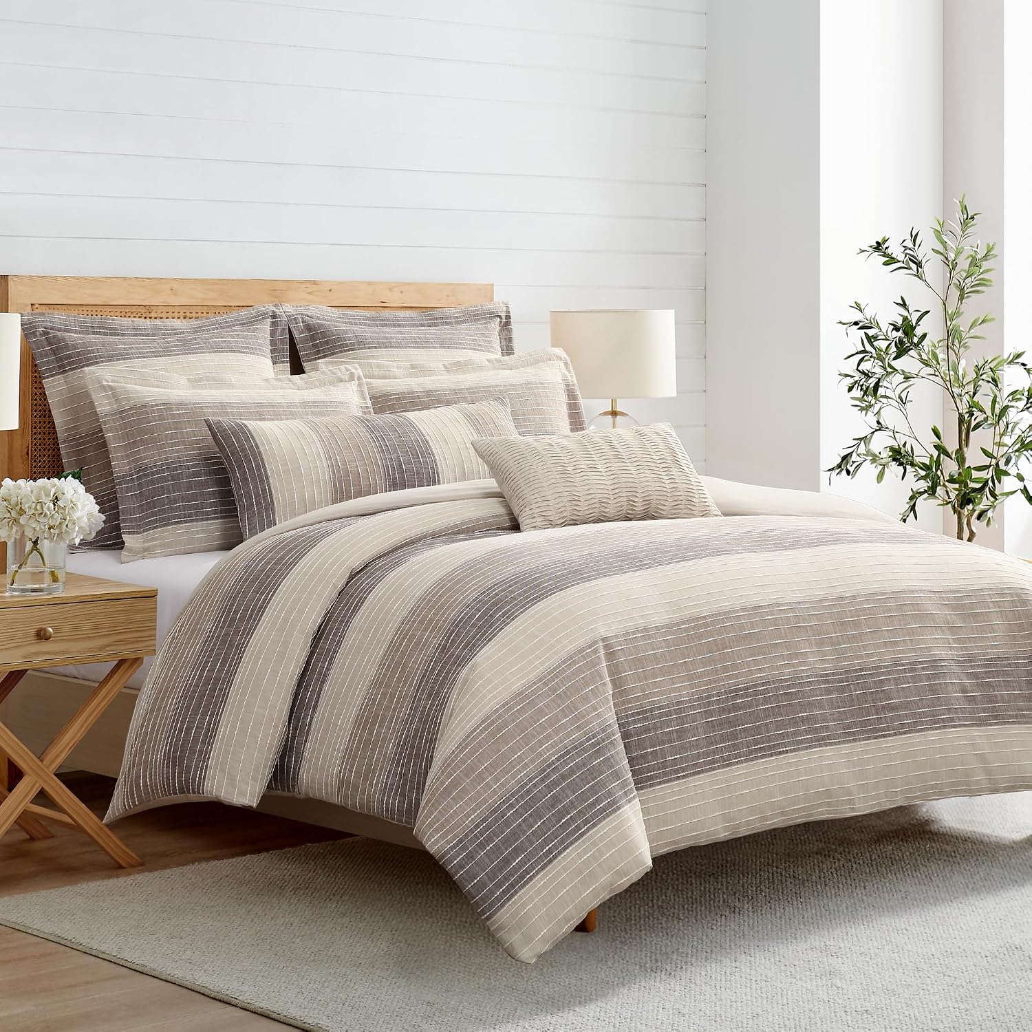 Levtex Home Sand Stripes Chocolate Full/Queen Comforter Set (90x94in) with 2 Pillowcases (26x20in) - Woven Jacquard Stripe - Brown, Tan, White - Cotton Full/Queen Size Comforter Set - Soft, Pre-Washed