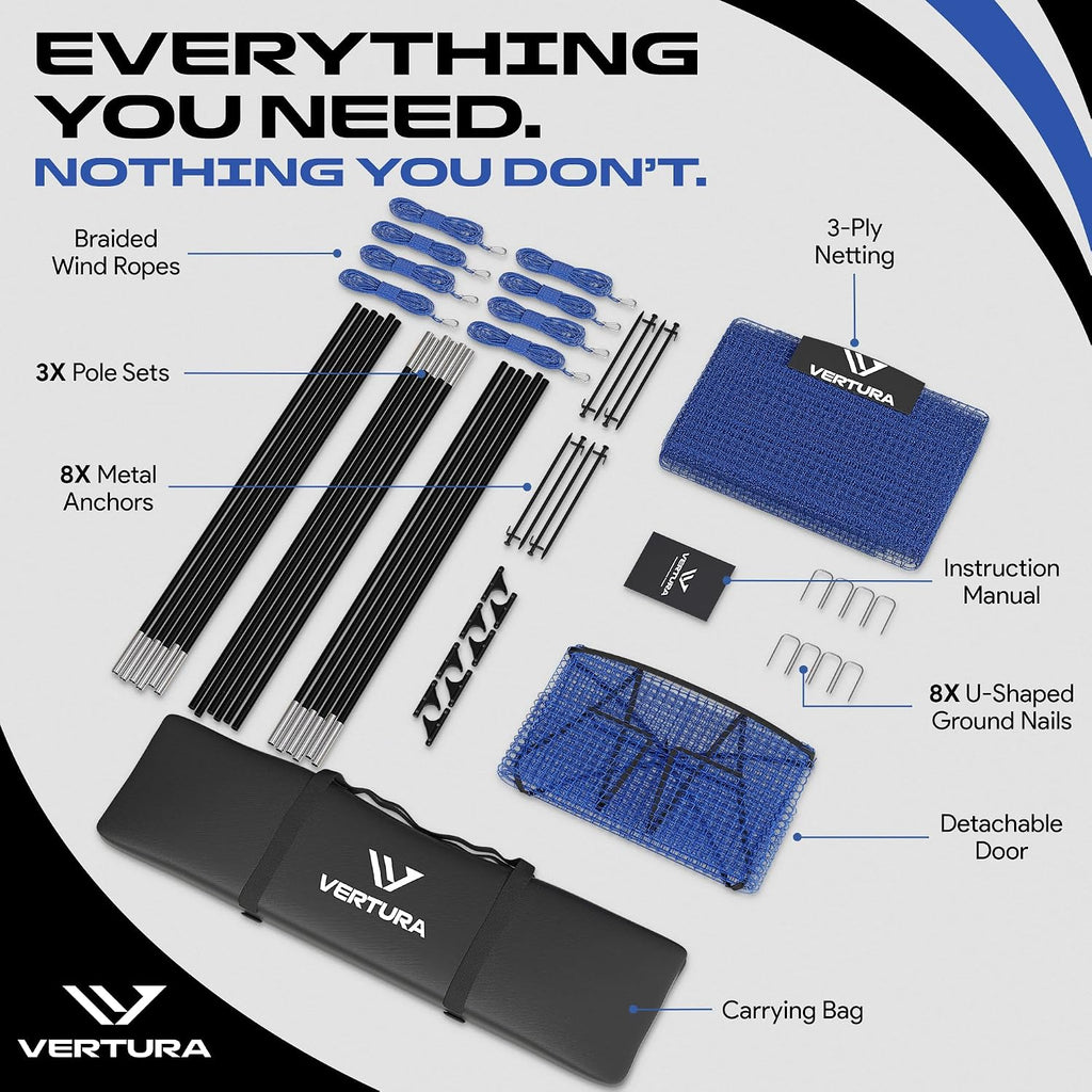 Portable 22ft x 12ft x 8ft Baseball & Softball Batting Cage – Easy to Install Hitting Cage with Pitching Machine Hole, 3-Ply Blue Netting, 14mm Fiberglass Poles, Secure Steel Frame & Carry Bag Include