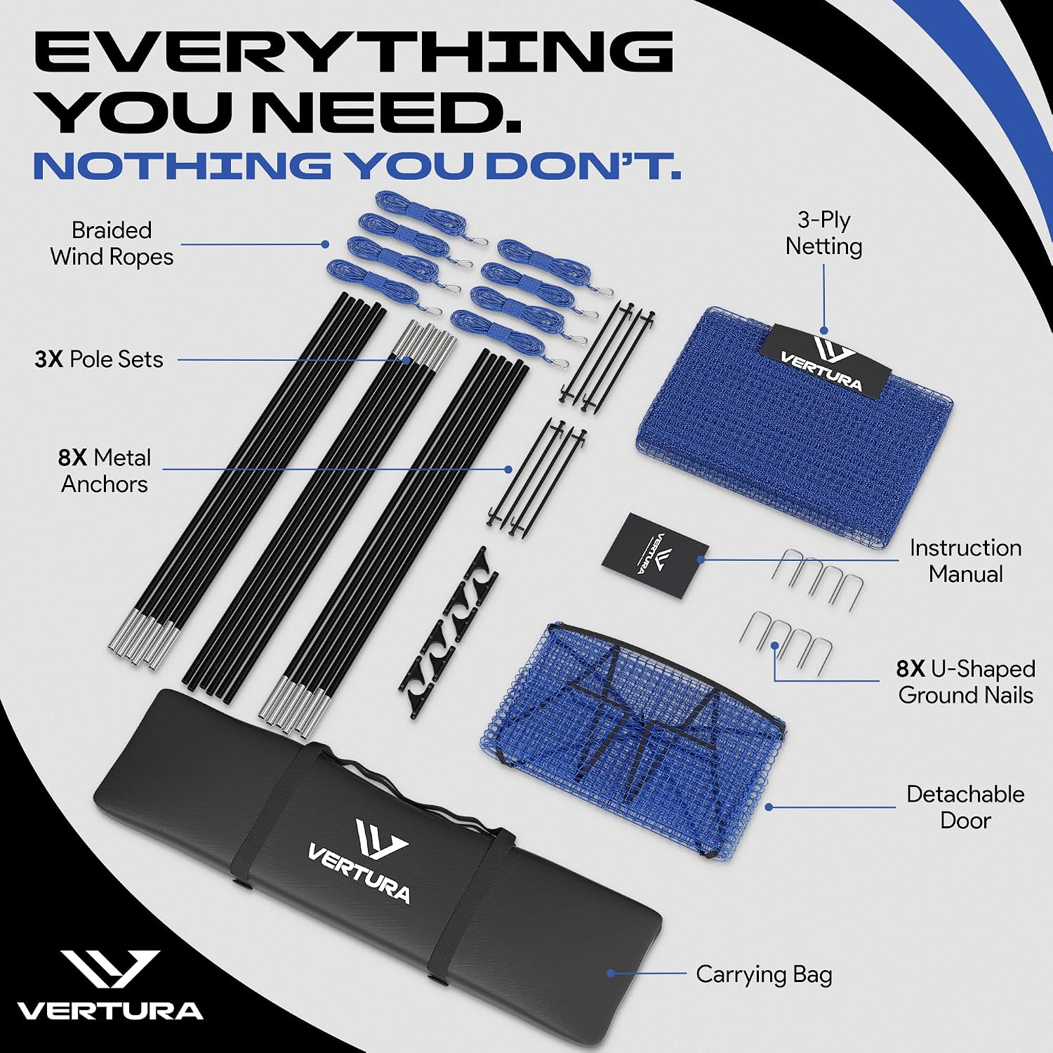 Portable 22ft x 12ft x 8ft Baseball & Softball Batting Cage – Easy to Install Hitting Cage with Pitching Machine Hole, 3-Ply Blue Netting, 14mm Fiberglass Poles, Secure Steel Frame & Carry Bag Include