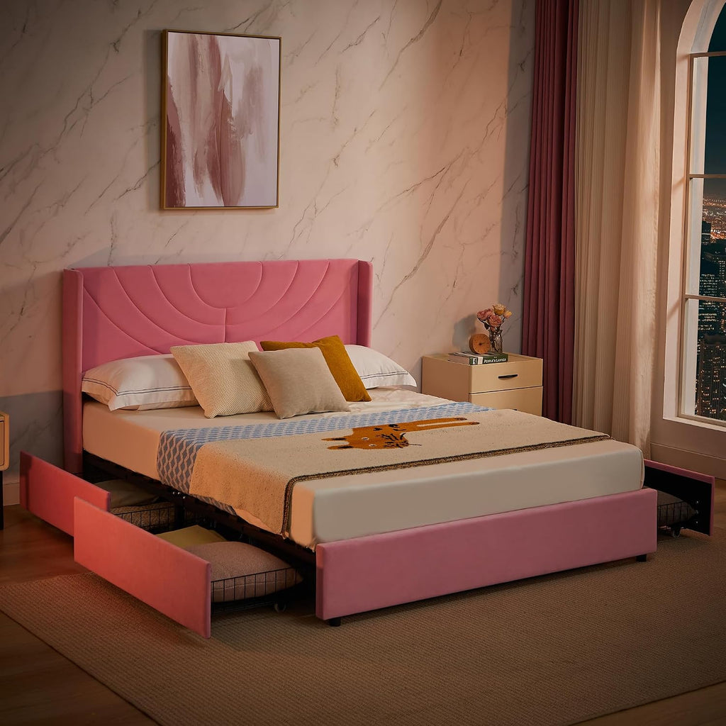 VECELO Upholstered Platform Full Bed Frame with 4 Storage Drawers & Wave Fabric Headboard,Wooden Slats Support/No Box Spring Needed/Mattress Foundation,Pink