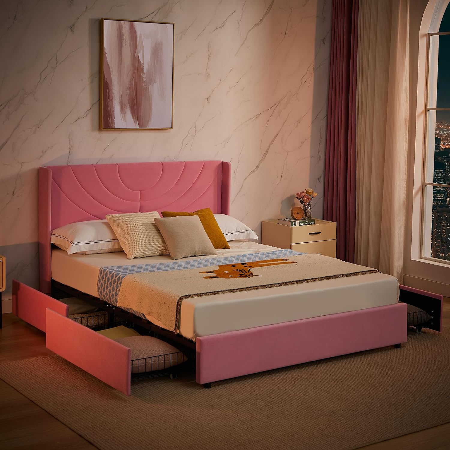 VECELO Upholstered Platform Full Bed Frame with 4 Storage Drawers & Wave Fabric Headboard,Wooden Slats Support/No Box Spring Needed/Mattress Foundation,Pink