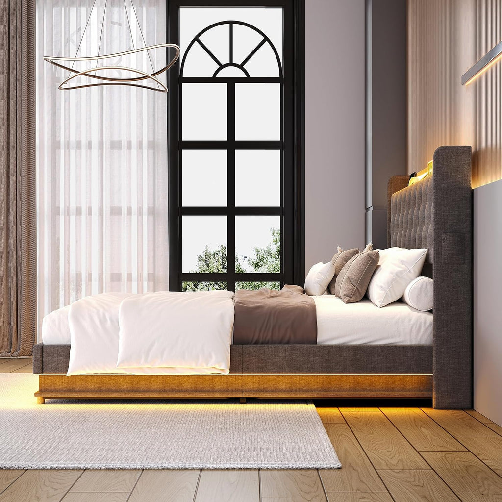 Ailisite Full Size Bed Frame with Headboard, Lift Up Storage Bed Frame with Charging Station&Led Lights,Upholstered Platform Bed with Tufted Wingback Storage Headboard, Hydraulic System,Wood Slat,Grey