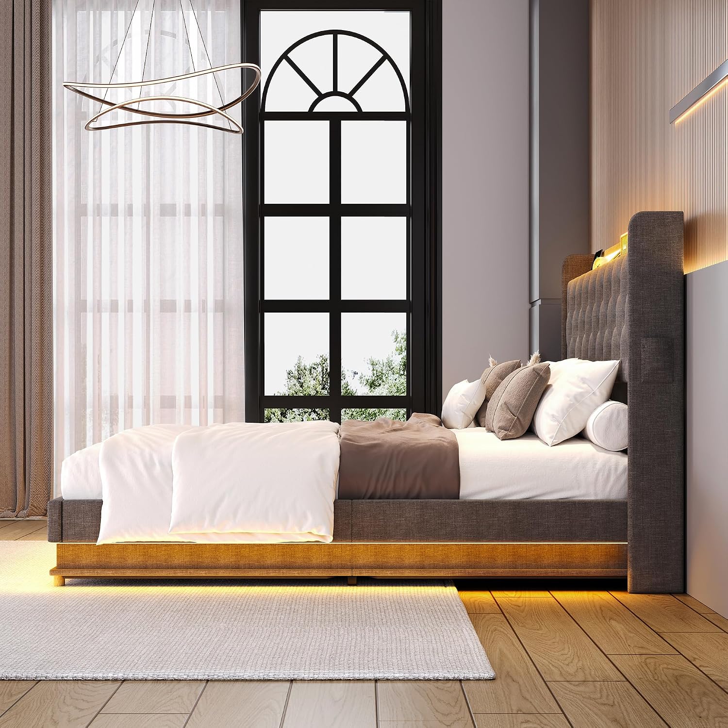 Ailisite Full Size Bed Frame with Headboard, Lift Up Storage Bed Frame with Charging Station&Led Lights,Upholstered Platform Bed with Tufted Wingback Storage Headboard, Hydraulic System,Wood Slat,Grey