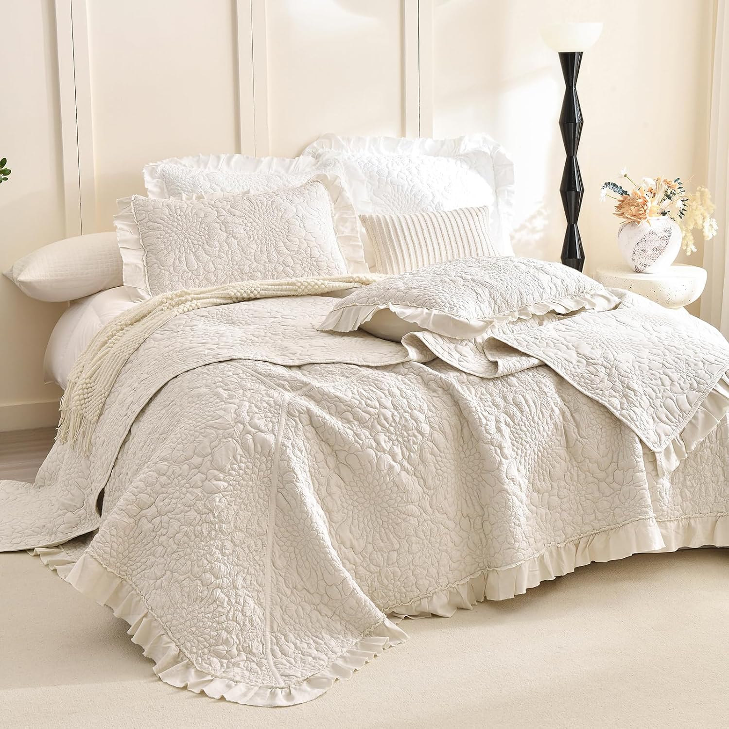 Lady Ann Wheat Quilt Sets Queen 102x118,Stone-Washed Lightweight Ruffle Coverlet, 3Pcs Quilted Crinkled Shabby Bedspread Set Farmhouse Rustic Bedding Set for All Season