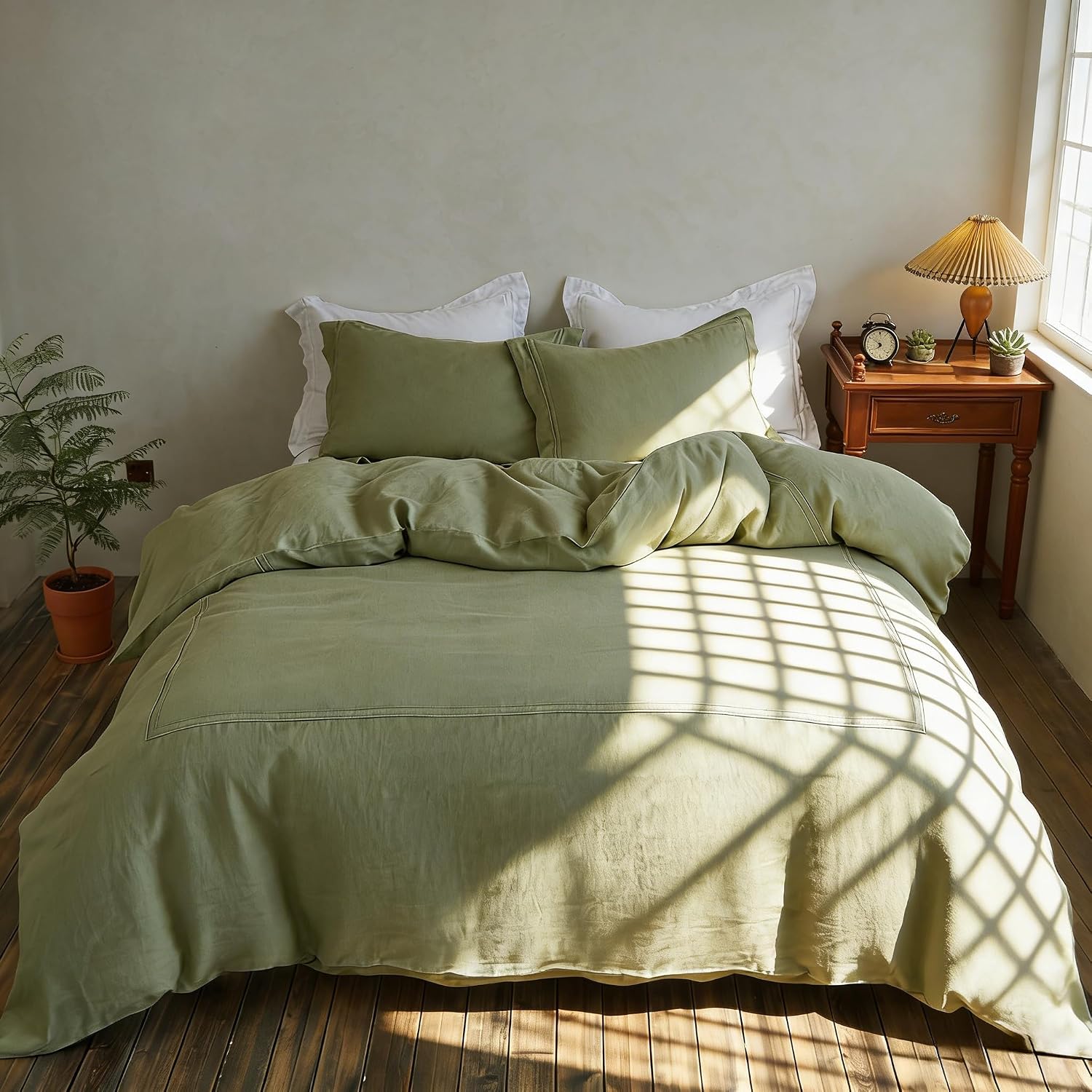 Simple&Opulence 100% Washed Linen Duvet Cover Set 104'x92' - 3 Pieces Soft Farmhouse Comforter Set Double Embroidered with Button Closure - 1 Duvet Cover and 2 Pillowshams (Sage Green, King)