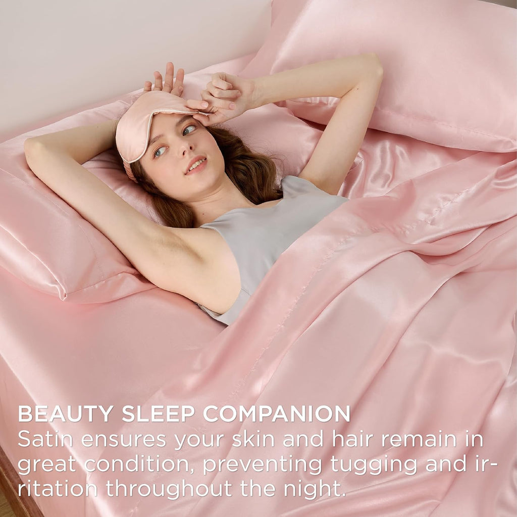 22 Momme 100% Mulberry Silk Bedding Set - 4-Piece Luxury Queen Size (2 Pillowcases, 1 Fitted Sheet, 1 Flat Sheet) - Fits 14-16' Deep Pocket (Solid, Light Pink)