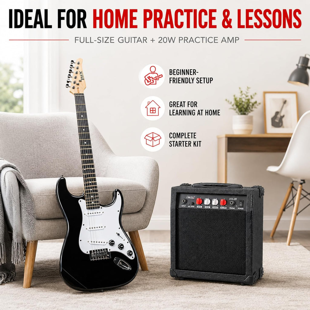 LyxPro 39 Inch Electric Guitar Beginner Kit, Full Size Right Handed Starter Set with 20W Amp, Gig Bag, Digital Tuner, Strap, Picks, Strings, Cable, Tremolo Bar, Black