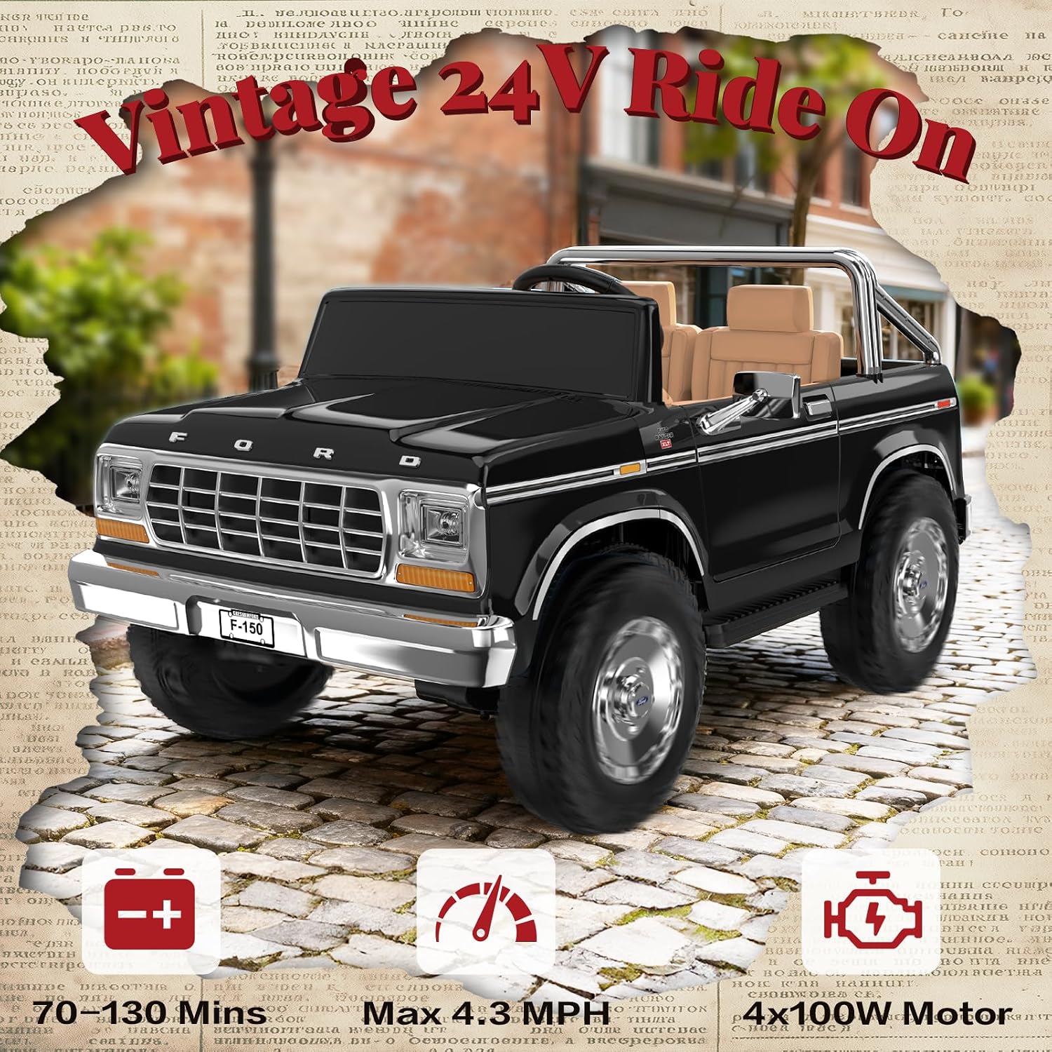 ANPABO Licensed Ford F-150 24V 2 Seater Ride on Car for Kids, 4x100W Motors for All-Terrain Electric Car with Parental Remote, Retro Style, 3-Speeds, Large Storage Box, Music Player, Aged 3-8, Black