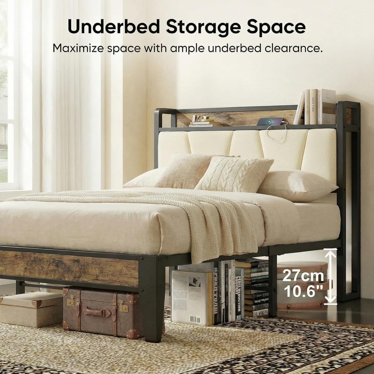 LIKIMIO Twin Bed Frames, Storage Headboard with Charging Station, Solid and Stable, Noise Free, No Box Spring Needed, Easy Assembly (Walnut and Beige)