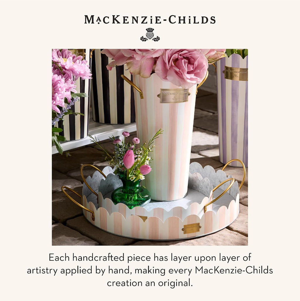 MACKENZIE-CHILDS Set of 3 Galvanized Flower Buckets, Decorative Metal Buckets, Pink-and-White Rosy Stripe