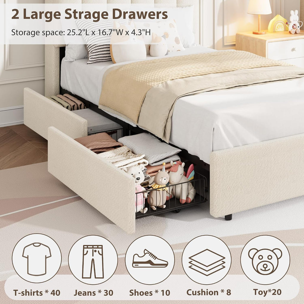 Garvee LED Twin XL Bed Frame with Storage Headboard, Kids Bed Frame with 2 Drawers, Boucle Upholstered Platform Bed for Girls, Chic Wavy Headboard with Bookcase, No Box Spring Needed, White