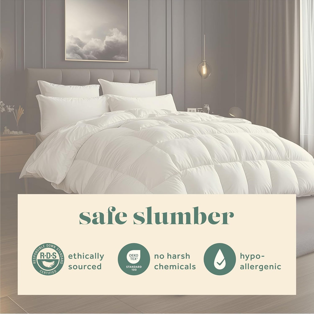 ComfyDown Goose Down White Comforter - Made in USA - 100% Egyptian Cotton Cover, 800+ Fill Power, Light Weight, All Season Washable Duvet Insert with Corner tabs - Twin