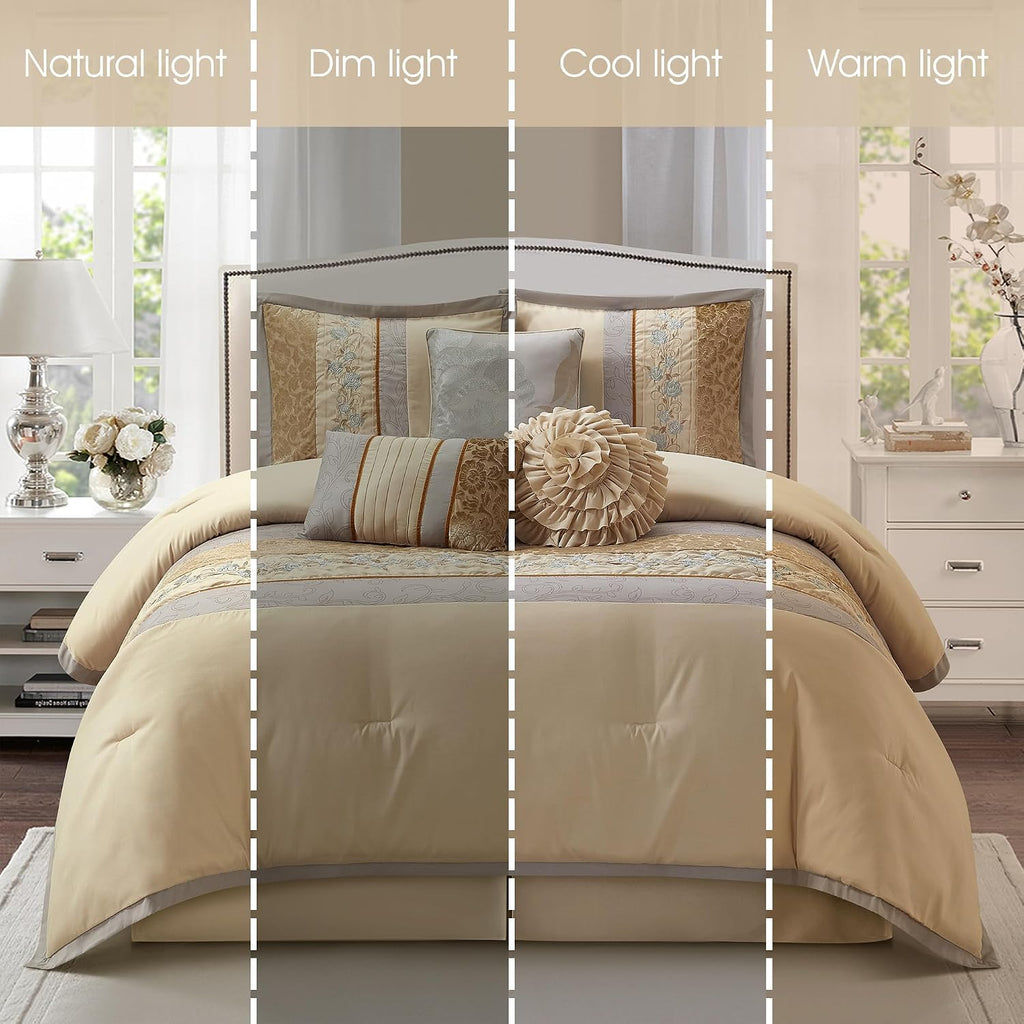 Grand Avenue Sand King Comforter Set, Piecework with Flocking Embroidery Bedding, Floral 7 Pieces Comforters, Bedskirt, Pillows & Shams