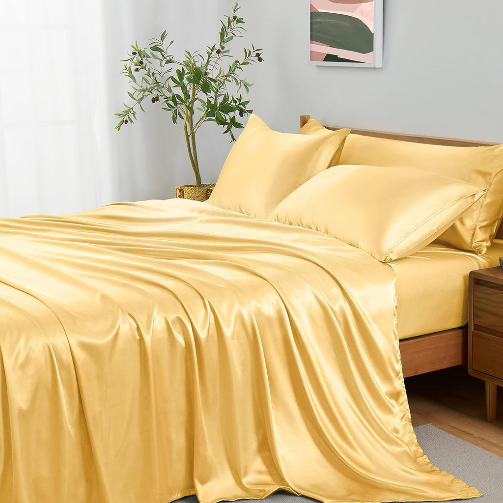 16 Momme 100% Mulberry Silk Bedding Set Full XL Size 4-Piece Luxury (2 Pillowcases, 1 Fitted Sheet, 1 Flat Sheet) - 6A Grade Natural Silk Fits 22-25' Deep Pocket (Solid, Gold)
