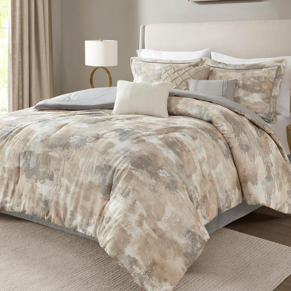 Madison Park King Comforter Set, Abstract Print with Luxurious Texture, Fluffy King Bedding Sets, All Season Down Alternative Cotton Blend King Bed Set with Bedskirt & Décor Pillows, Gray 7 Piece