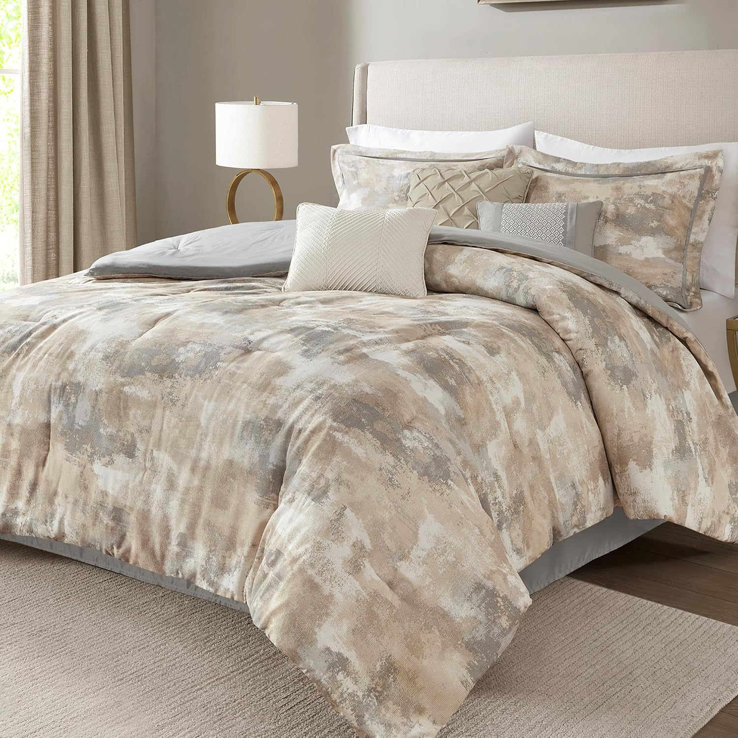 Madison Park King Comforter Set, Abstract Print with Luxurious Texture, Fluffy King Bedding Sets, All Season Down Alternative Cotton Blend King Bed Set with Bedskirt & Décor Pillows, Gray 7 Piece