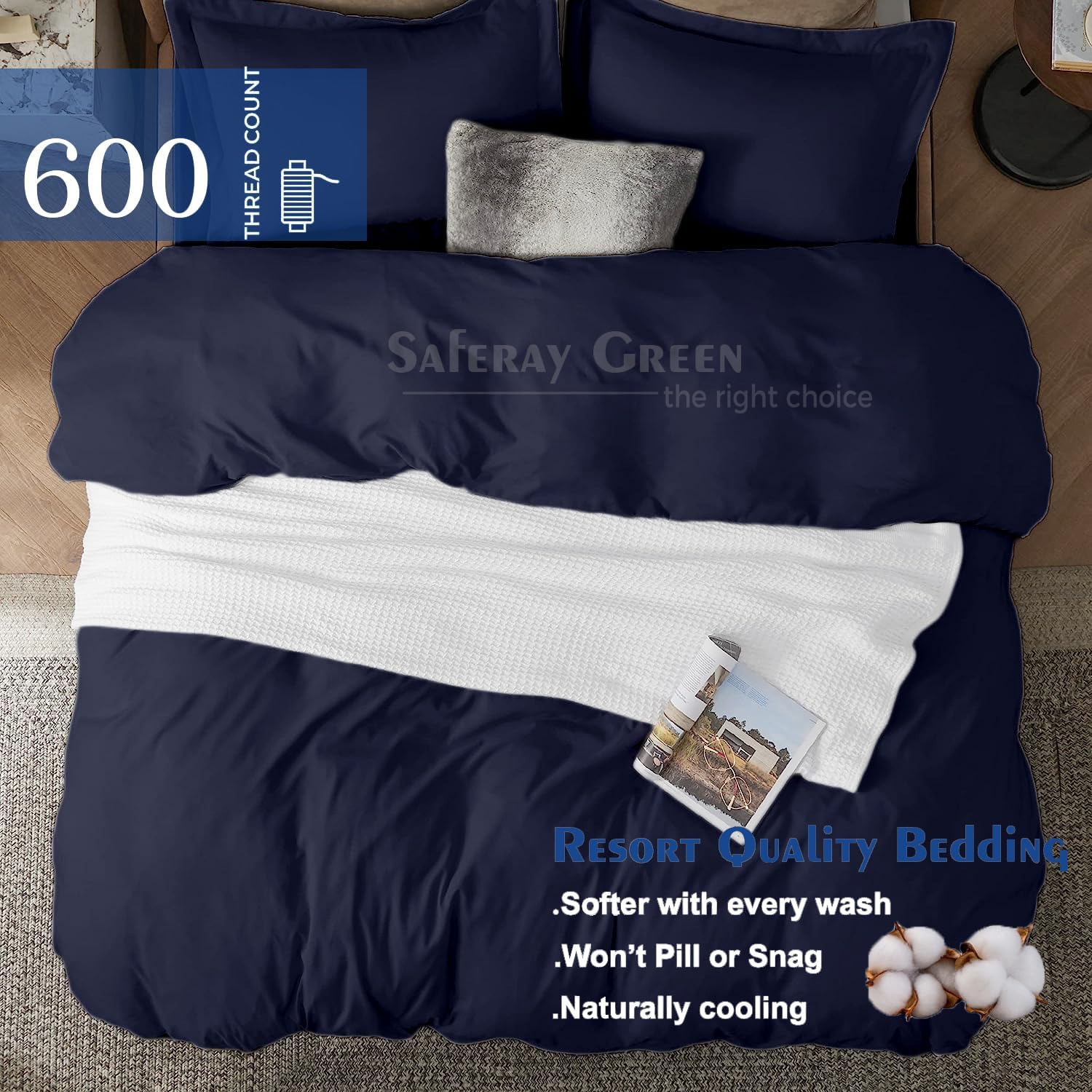 Duvet Cover Oversized King Plus 120x128 3 Piece Egyptian Cotton Luxury Soft & Breathable All Season 600 Thread Count with Zipper Closure & Corner Ties Comforter Cover Navy Blue