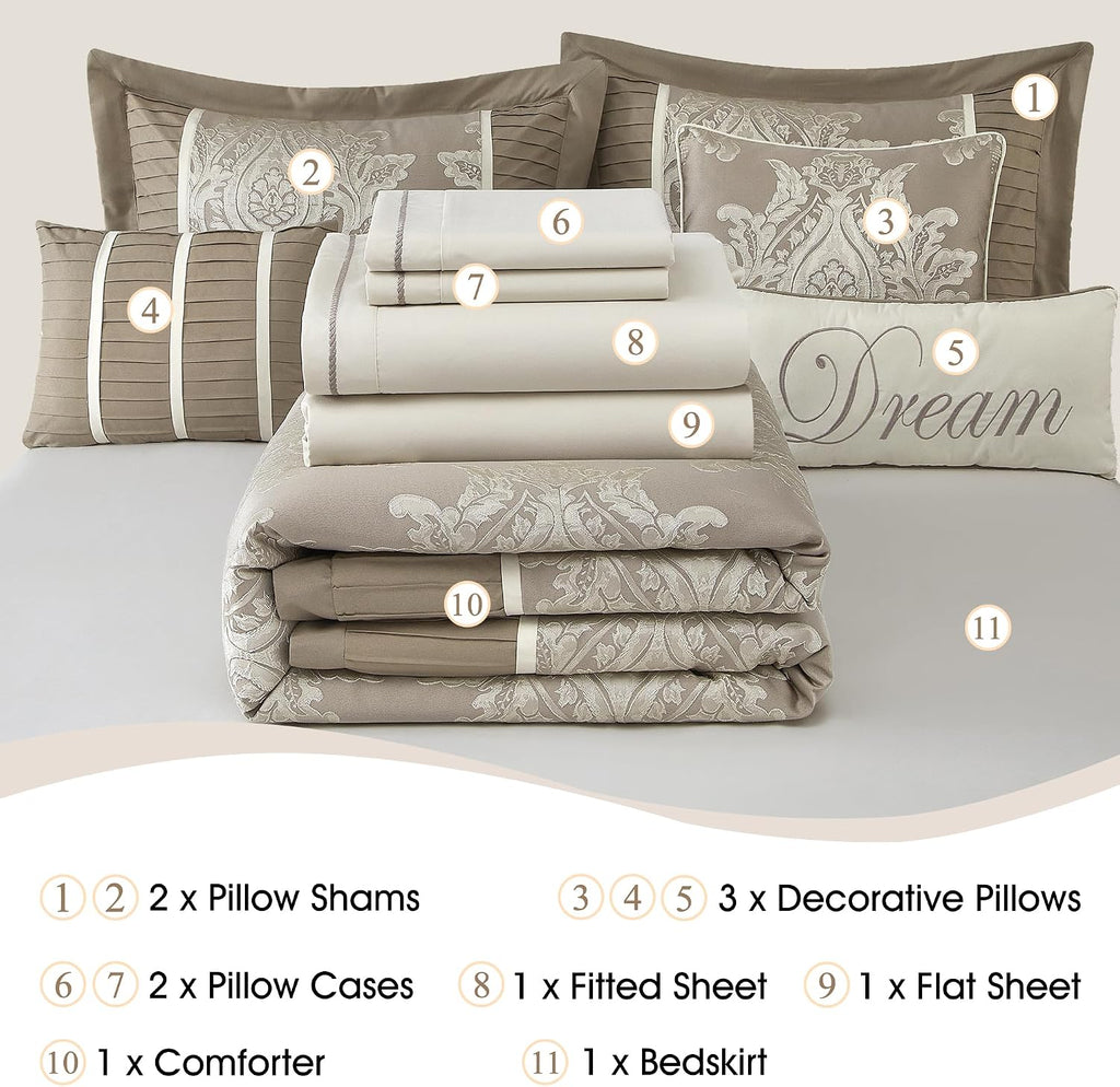 Stratford Park Beige Comforter Set King, 15 Pieces Room in a Bag, Elegant Patchwork Damask Jacquard Bedding Set, Matching Bedskirt, Flat Sheet, Fitted Sheet, Pillow Shams, Curtains