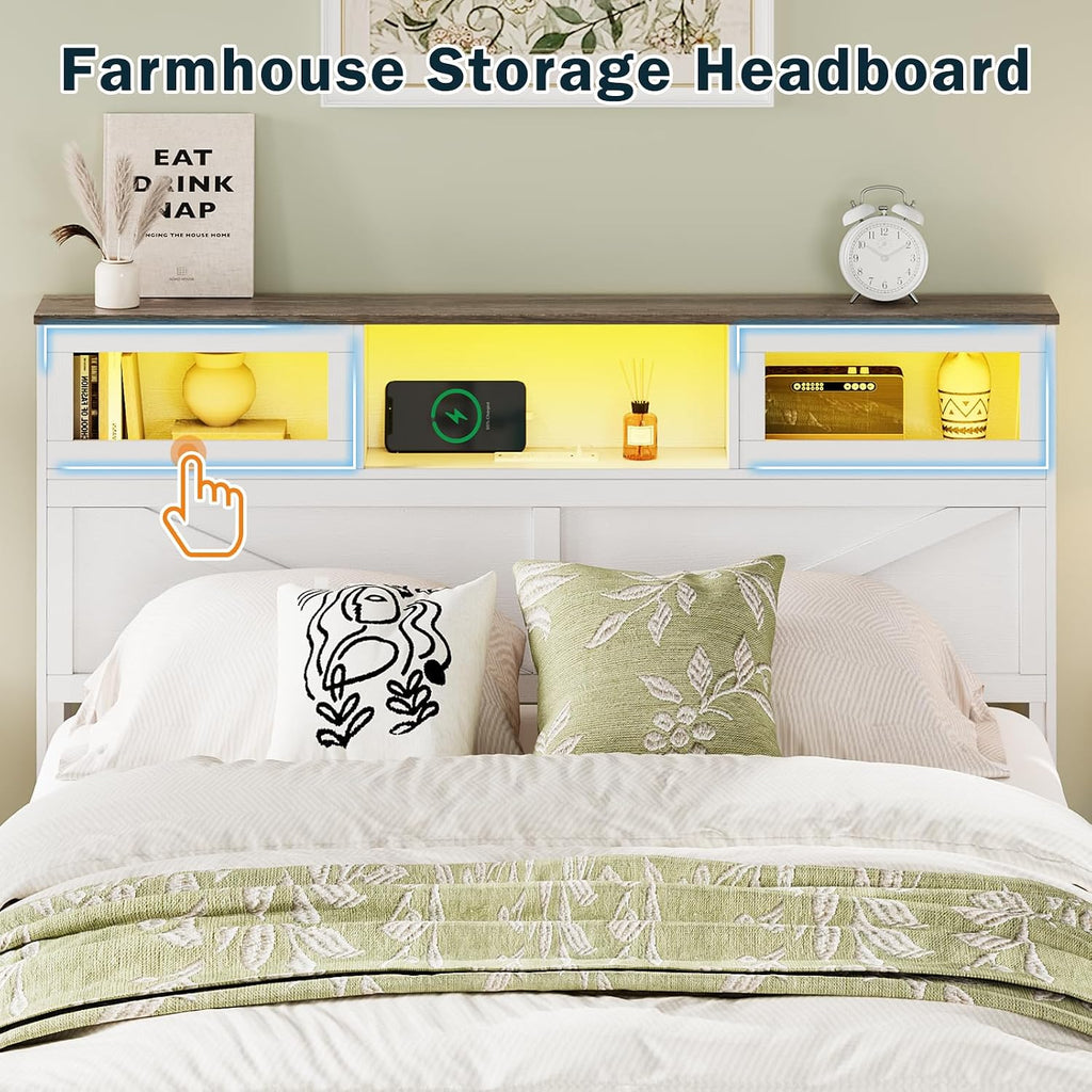 Yoobure Full Size Bed Frame with Headboard, Full Bed Frame with Charging Station, LED Beds with 2 Storage Drawers, Wood Farmhouse Bedframe, Noise-Free and No Box Spring Needed, White
