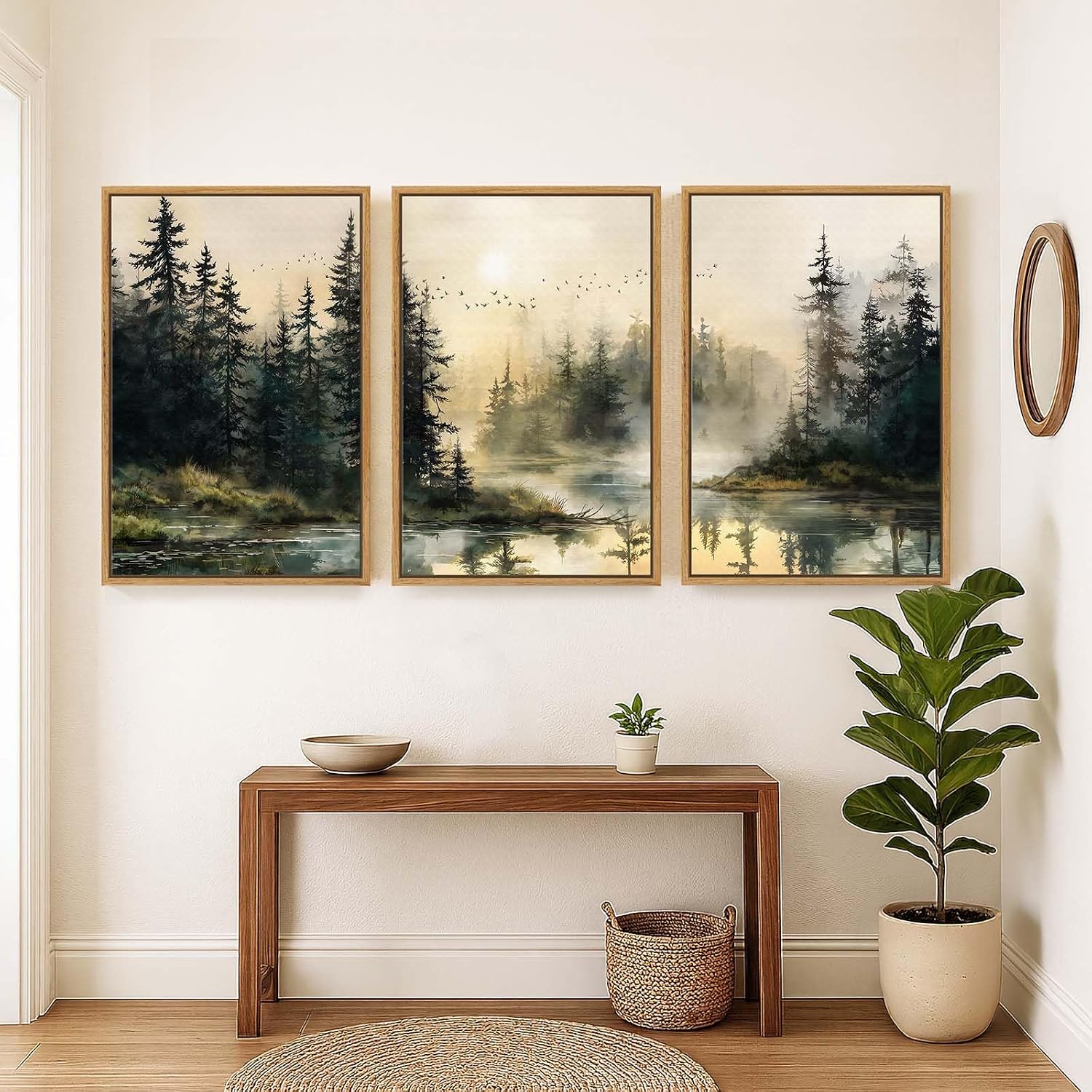 Framed Forest Landscape Wall Art for Living Room, Large 3 Piece Misty Pine Tree Nature Scenic Artwork for Walls, Rustic Woodland Sunset Canvas Painting Prints for Office Bedroom Wall Decor, 24x36 Inch