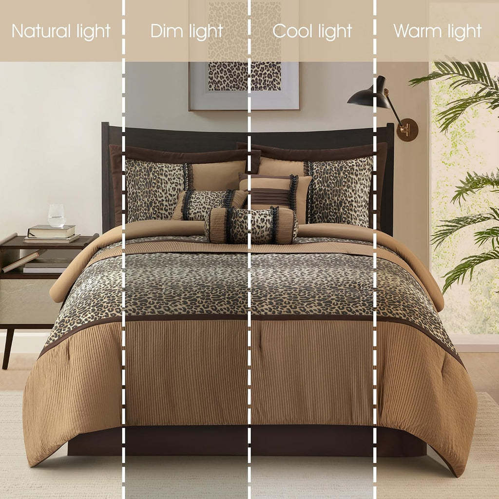 Grand Avenue Brown/Taupe Leopard Full Size Comforter Set, 7 Piece, Bedding Comforters & Sets, Pillow Shams Bedskirt, Home Decor