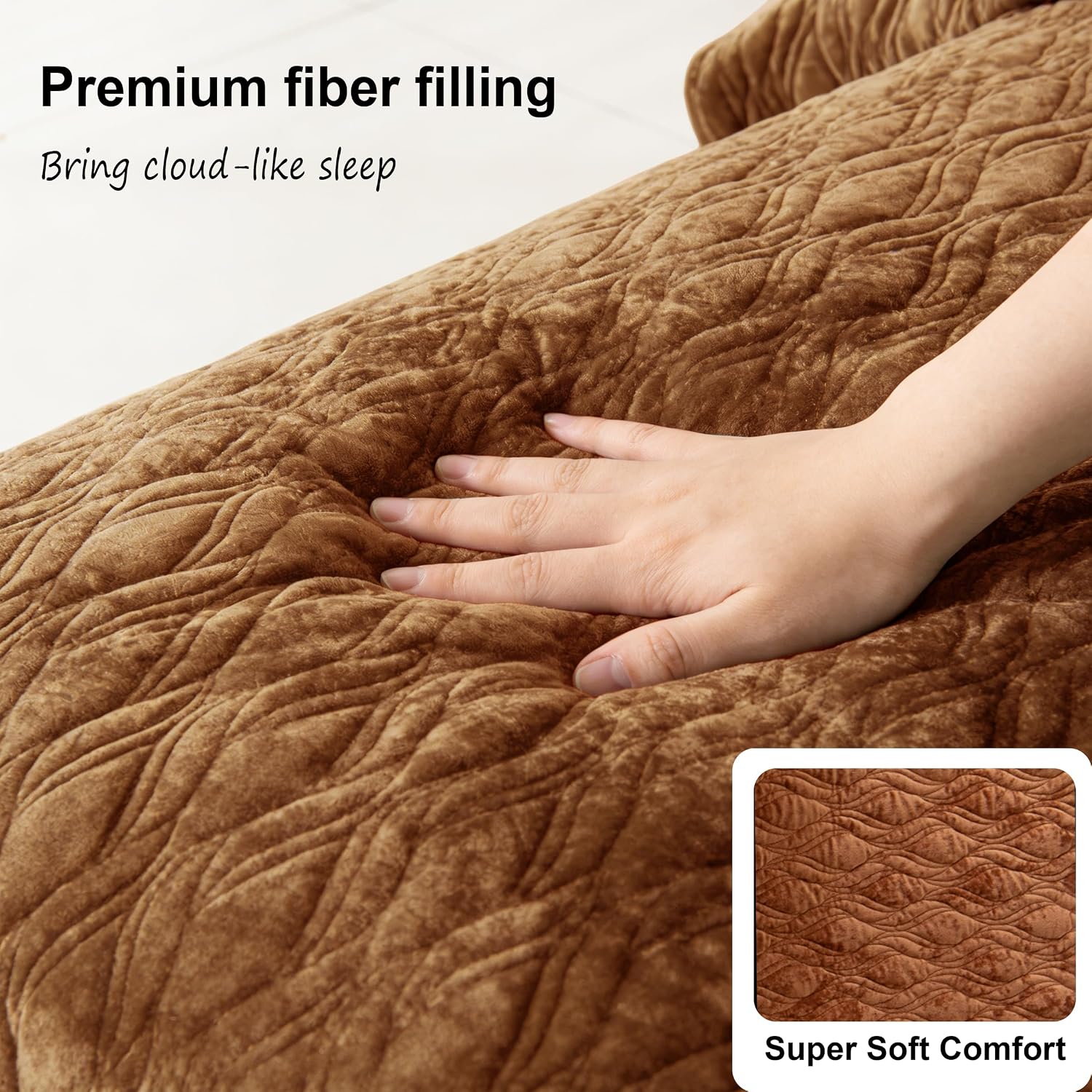 California King Size Bedding Set 106x118 Beauty Solid 3PS Velvet Quilted Comforter Set Texture Soft Bedspread Coverlet Modern Home Style All Season Use,Caramel