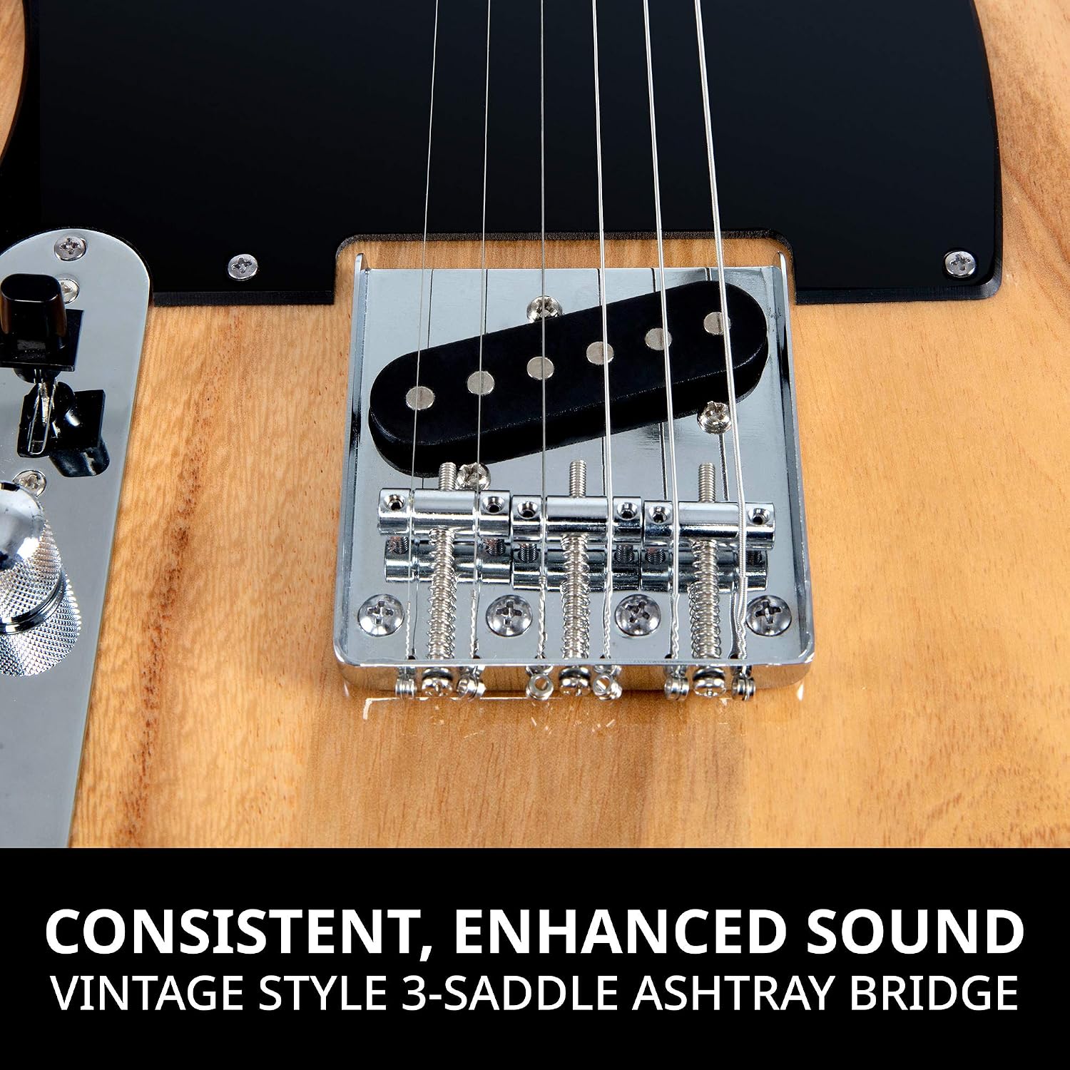 LyxPro 39' Electric Guitar Left Hand TL Series, Full-Size Paulownia Wood Body, 3-Ply Pickguard, C-Shape Neck, Ashtray Bridge, Quality Gear Tuners, 3-Way Switch & Volume/Tone Controls, 2 Picks, Natural