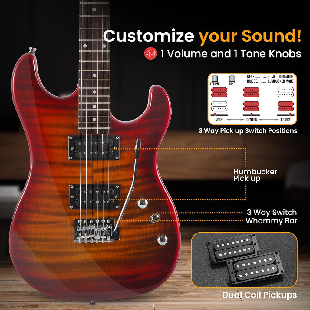 Pyle Electric Guitar Kit with Amp, Full Size Instrument with Humbucker Pickups, Guitarra Electrica Amplifier and Beginner Bundle Accessories, 39' Red