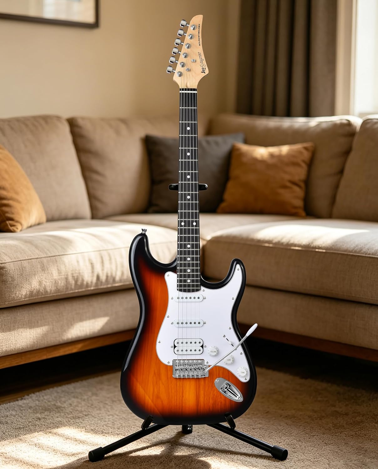 Leo Jaymz Beginner Electric Guitar Complete Kit with Portable Amp, Padded Gig Bag & Full Accessories, Maple Neck HSS Pickups (Sunburst-HSS)