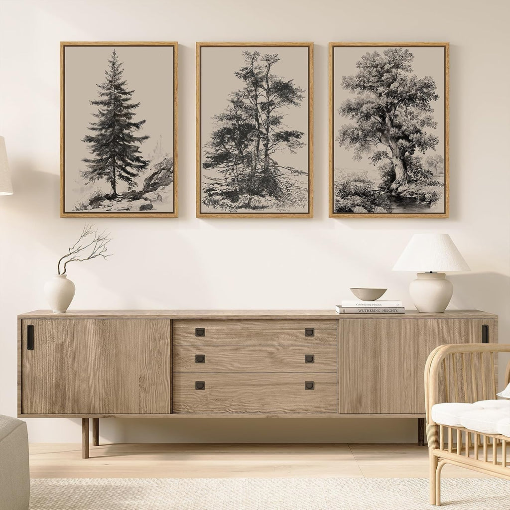Large Framed Vintage Wall Art for Living Room, 3 Piece Tree Forest Artwork for Walls, Classic Rustic Sketch Canvas Paintings Prints for Office Hallway Wall Decor, 24x36 Inch