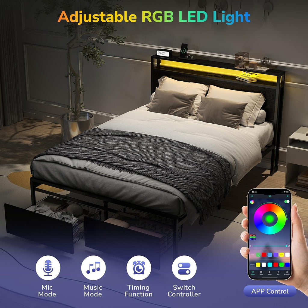 Zevemomo Full Size Bed Frame with 2 Storage Drawers, Bed Frame Full Size with Headboard, LED Light, Charging Station with 2 USB Ports & 2 AC Ports, No Noise, Black