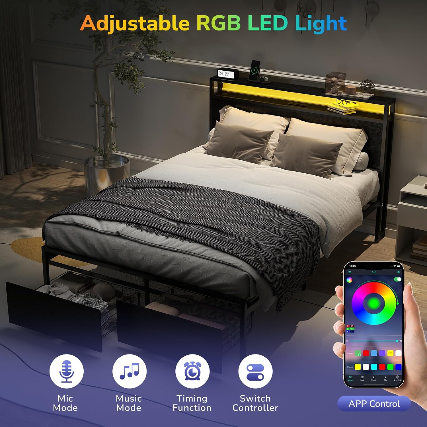 Zevemomo Full Size Bed Frame with 2 Storage Drawers, Bed Frame Full Size with Headboard, LED Light, Charging Station with 2 USB Ports & 2 AC Ports, No Noise, Black
