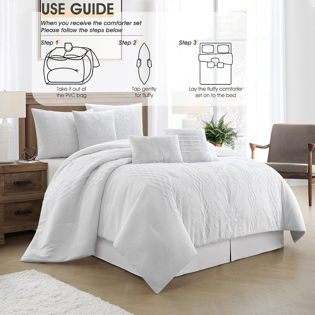LANCO MODERN LIFESTYLE White Comforter Set, King Size, 7 Pieces Jacquard Boho Bedding Set for All Seasons, Ultra Soft and Fluffy, Matching Pilllow Shams, Bedskirt and Decor Pillows