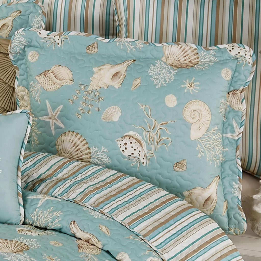 Touch of Class Seabreeze Coastal Beach Polyester Microfiber Bedding | All Season Quilted | Shell Starfish Coral Stripe | Aqua Teal Ivory Cream | 3 Pc Set: Full Bedspread and 2 Standard Shams