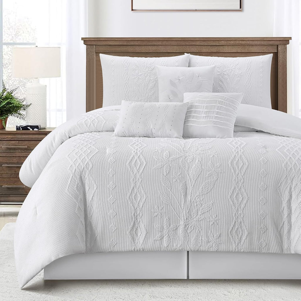 LANCO MODERN LIFESTYLE White Comforter Set, King Size, 7 Pieces Jacquard Boho Bedding Set for All Seasons, Ultra Soft and Fluffy, Matching Pilllow Shams, Bedskirt and Decor Pillows