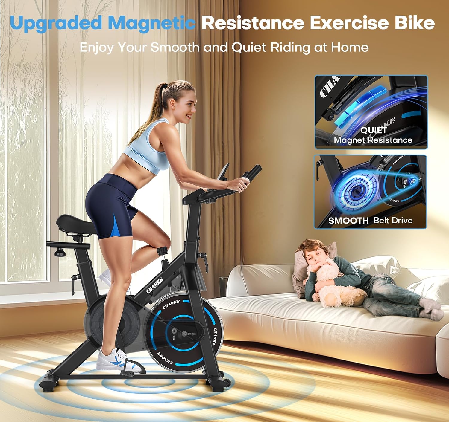 Exercise Bike, CHAOKE Quiet Adjustable Magnetic Resistance Stationary Bike for Home Cardio with App Compatible, 350LB Weight Capacity Indoor Cycling Bike with Comfortable Seat & Digital Display