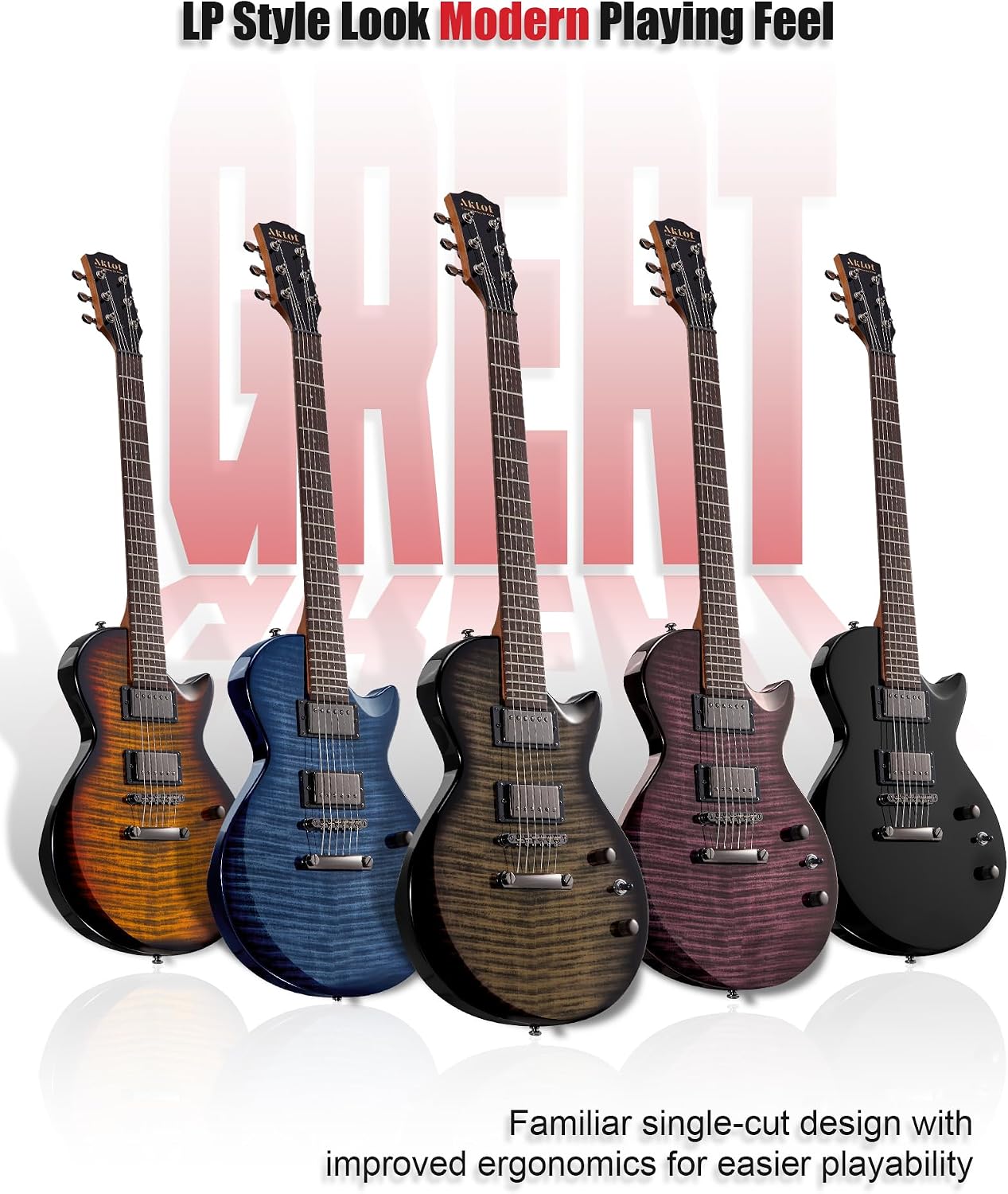 AKLOT 24-Fret Electric Guitar Kit, 40 inch Single Cut (LP Style), Modern Playability Coil-Split Humbucker Pickups, 18:1 Tuning Pegs,W/Guitar Accessories Gig Bag,Cable,Strap,Picks,Strings,Tuner,Book