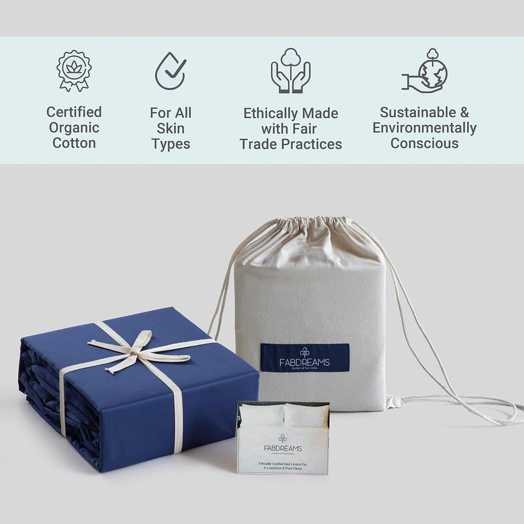FABDREAMS 100% Organic Cotton Full Sheet Set | 400 Thread Count| Luxury Hotel Collection| GOTS Certified Premium Long Staple Cotton|Elasticised 17' Deep Pockets|Smoother than Egyptian Cotton|Dark Blue